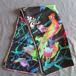 Vintage Ken Scott Scarf Womens Silk Dark Tropical Jungle Birds Novelty Colorful